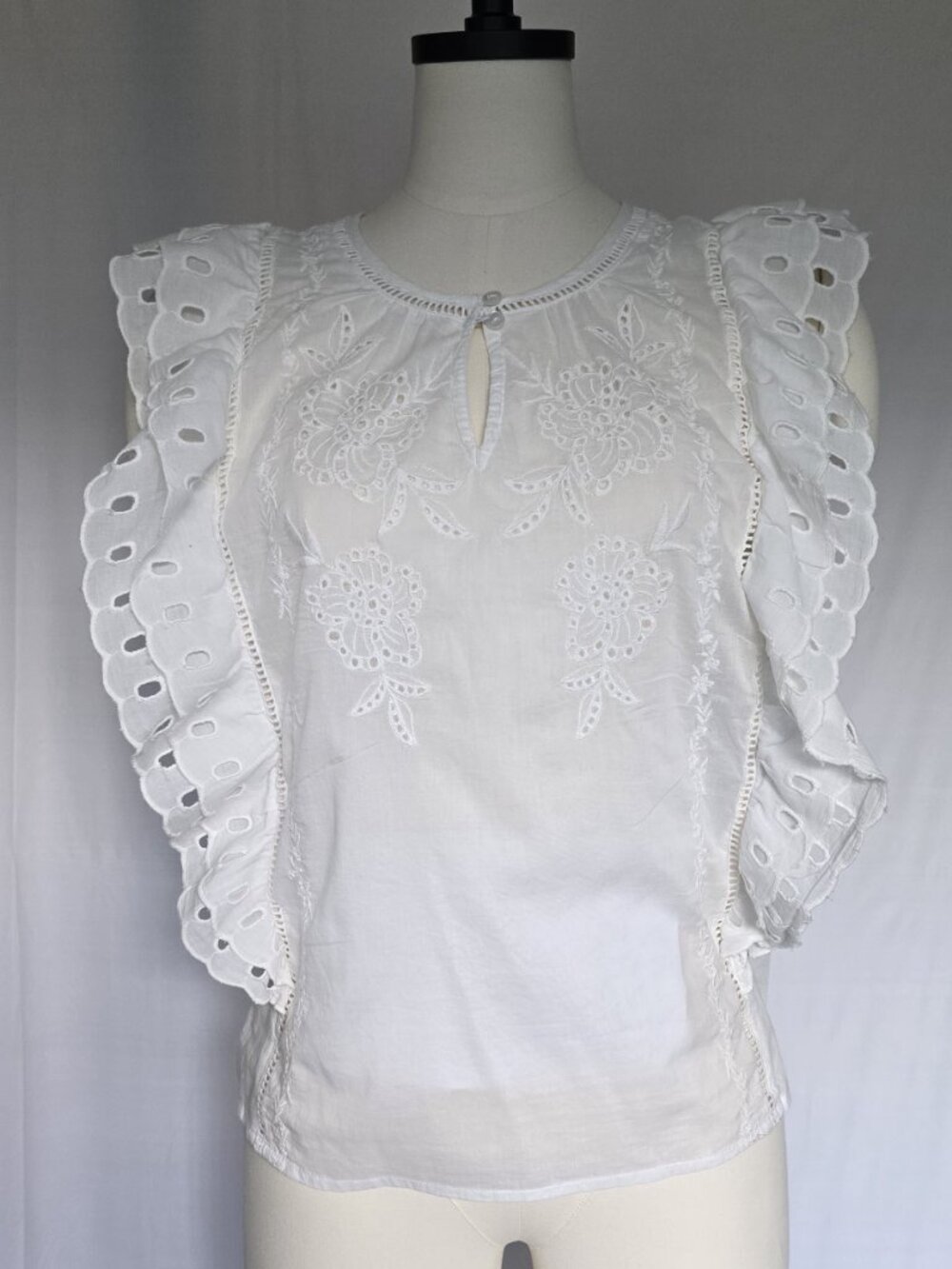 Calypso St. Barth White Cotton Eyelet Embroidered Ruffle Blouse Top NWT Size M
